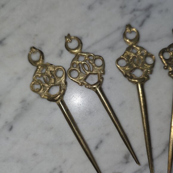 Vintage Brass Filigree Hair Pins Set of 6 Ornate Bun Hair Sticks Boho Victorian main image 5